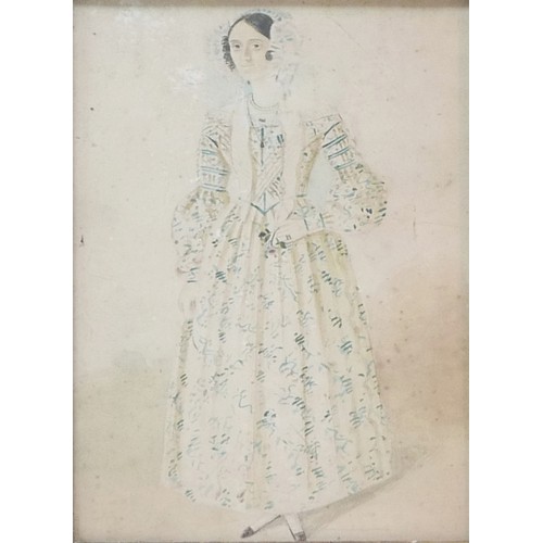 247 - A 19th century watercolour sketch of lady in a bonnet, 25 by 18.5cm, framed, 31.5 by 25cm, together ... 