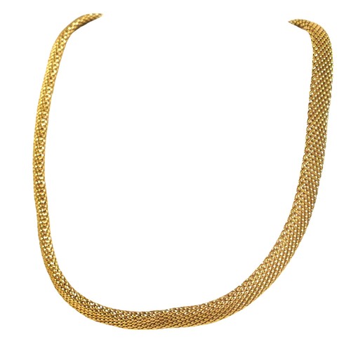 51 - A 9ct yellow gold necklace, of textured woven design, press clasp, a/f links damaged near clasp, 9mm... 