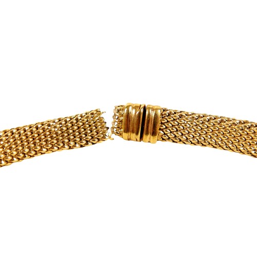 51 - A 9ct yellow gold necklace, of textured woven design, press clasp, a/f links damaged near clasp, 9mm... 