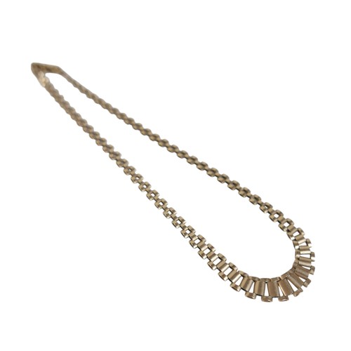 49 - A 9ct yellow gold necklace, of brick link design, press clasp, 9.5mm at widest, 42cm long, 12.9g.