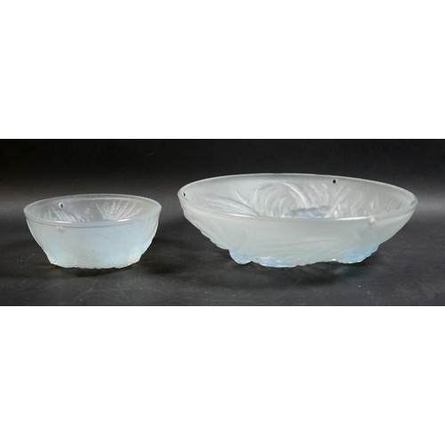 161 - An opalescent glass plafonnier, in Lalique style, moulded with three birds, 34 by 9.5cm, together wi... 