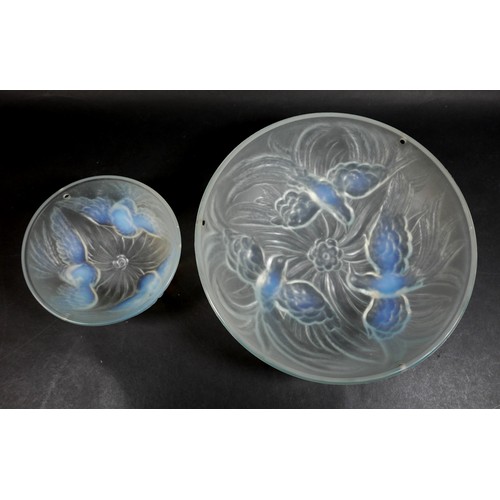 161 - An opalescent glass plafonnier, in Lalique style, moulded with three birds, 34 by 9.5cm, together wi... 