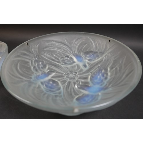 161 - An opalescent glass plafonnier, in Lalique style, moulded with three birds, 34 by 9.5cm, together wi... 