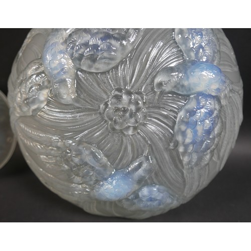 161 - An opalescent glass plafonnier, in Lalique style, moulded with three birds, 34 by 9.5cm, together wi... 