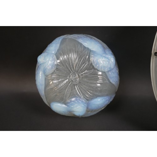 161 - An opalescent glass plafonnier, in Lalique style, moulded with three birds, 34 by 9.5cm, together wi... 