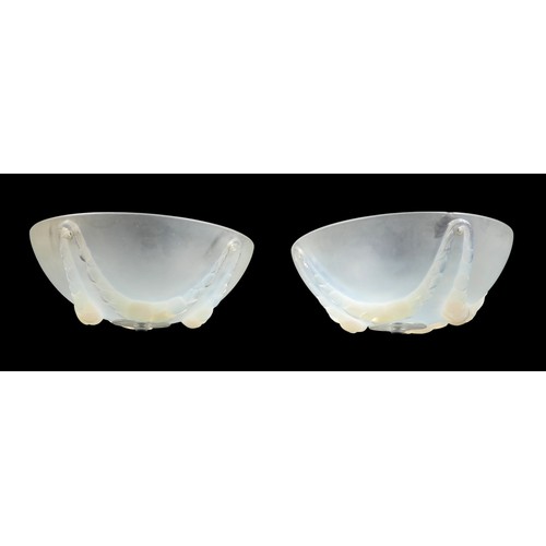 162 - A pair of Art Deco Lalique opalescent moulded glass plafonniers, in the 'Villeneuve' pattern, No. 24... 