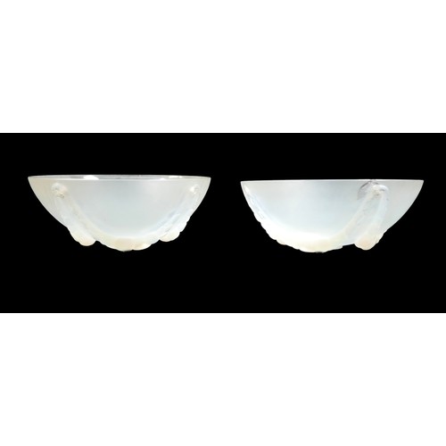 162 - A pair of Art Deco Lalique opalescent moulded glass plafonniers, in the 'Villeneuve' pattern, No. 24... 