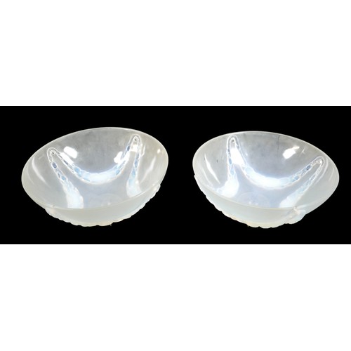 162 - A pair of Art Deco Lalique opalescent moulded glass plafonniers, in the 'Villeneuve' pattern, No. 24... 