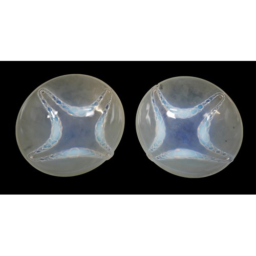 162 - A pair of Art Deco Lalique opalescent moulded glass plafonniers, in the 'Villeneuve' pattern, No. 24... 