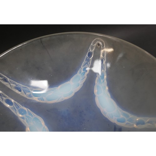 162 - A pair of Art Deco Lalique opalescent moulded glass plafonniers, in the 'Villeneuve' pattern, No. 24... 