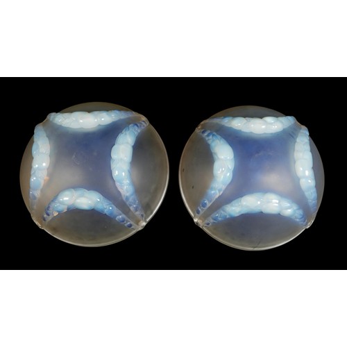 162 - A pair of Art Deco Lalique opalescent moulded glass plafonniers, in the 'Villeneuve' pattern, No. 24... 