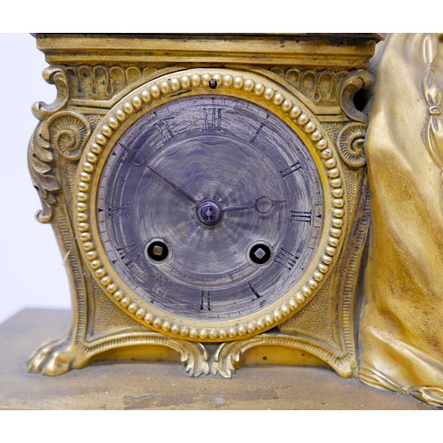 218 - A 19th century gilt figural clock, movement marked Rodel, the top section featuring a woman in 18th ... 