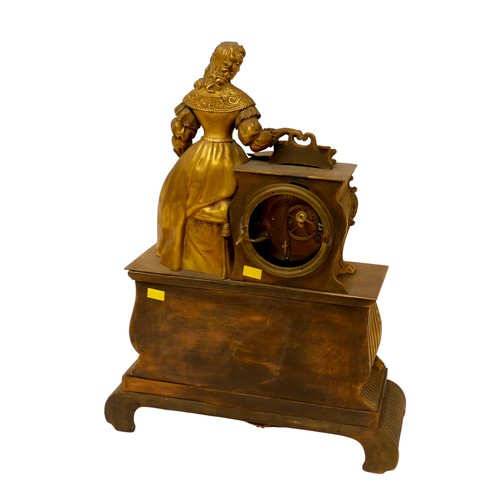 218 - A 19th century gilt figural clock, movement marked Rodel, the top section featuring a woman in 18th ... 