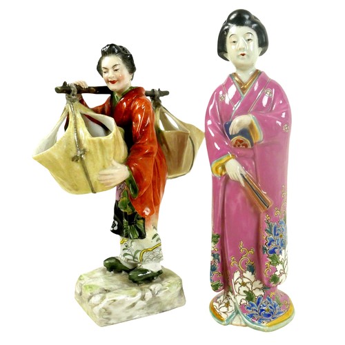 232 - A group of four porcelain Oriental figurines; a Hochst style Chinese lady carrying her wares, with c... 