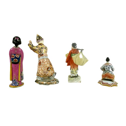 232 - A group of four porcelain Oriental figurines; a Hochst style Chinese lady carrying her wares, with c... 