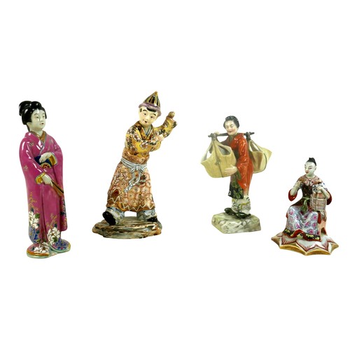 232 - A group of four porcelain Oriental figurines; a Hochst style Chinese lady carrying her wares, with c... 