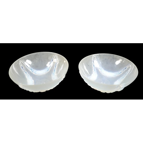 230 - A pair of Art Deco Lalique opalescent moulded glass plafonniers, in the 'Villeneuve' pattern, No. 24... 