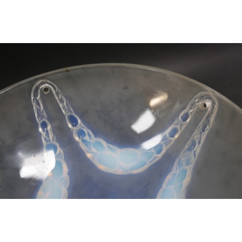 230 - A pair of Art Deco Lalique opalescent moulded glass plafonniers, in the 'Villeneuve' pattern, No. 24... 