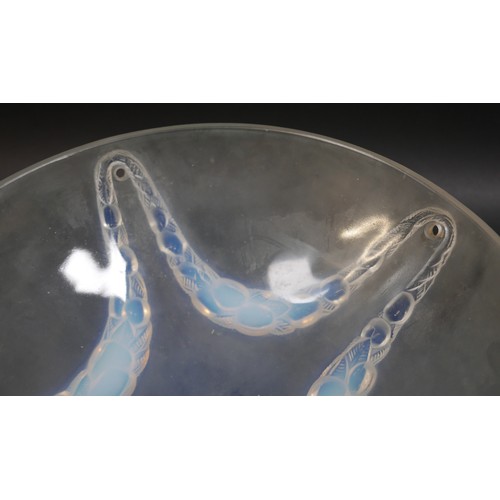 230 - A pair of Art Deco Lalique opalescent moulded glass plafonniers, in the 'Villeneuve' pattern, No. 24... 