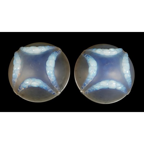 230 - A pair of Art Deco Lalique opalescent moulded glass plafonniers, in the 'Villeneuve' pattern, No. 24... 