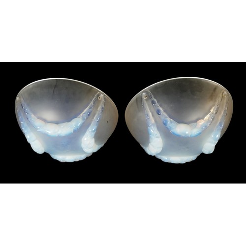 230 - A pair of Art Deco Lalique opalescent moulded glass plafonniers, in the 'Villeneuve' pattern, No. 24... 