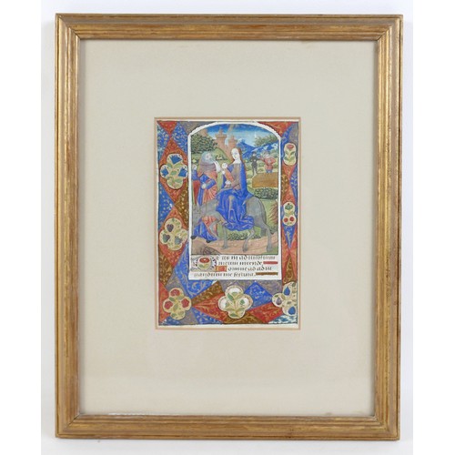 303 - A late 15th century French illuminated manuscript vellum leaf, with a half page miniature of The Fli... 