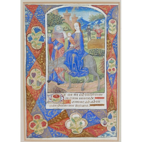 303 - A late 15th century French illuminated manuscript vellum leaf, with a half page miniature of The Fli... 