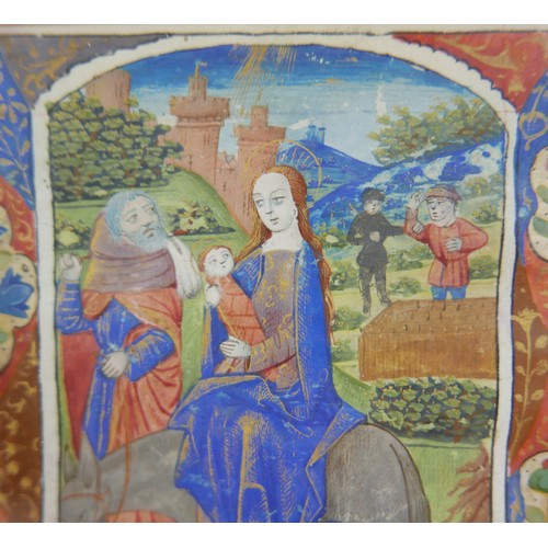 303 - A late 15th century French illuminated manuscript vellum leaf, with a half page miniature of The Fli... 