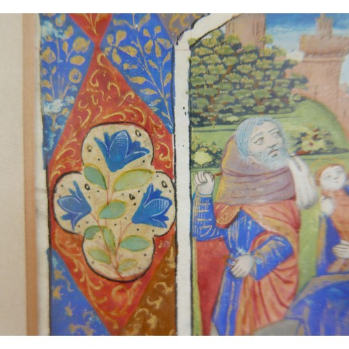 303 - A late 15th century French illuminated manuscript vellum leaf, with a half page miniature of The Fli... 