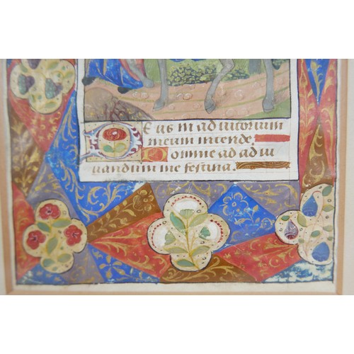 303 - A late 15th century French illuminated manuscript vellum leaf, with a half page miniature of The Fli... 