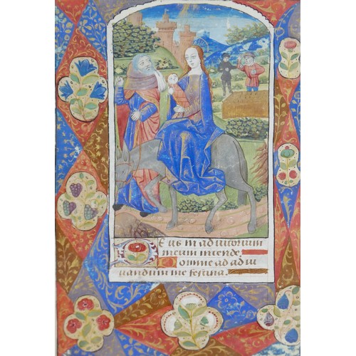 303 - A late 15th century French illuminated manuscript vellum leaf, with a half page miniature of The Fli... 