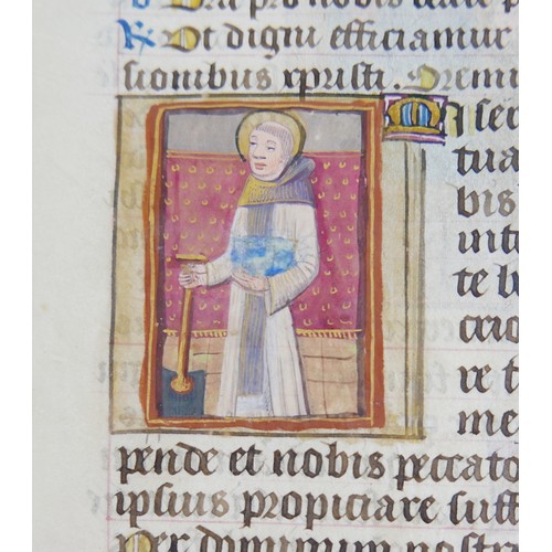 302 - A late 15th century French illuminated manuscript vellum leaf, with quarter page miniatures of St Fi... 