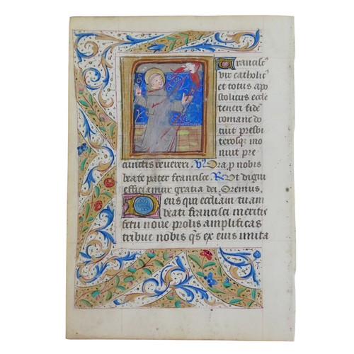 302 - A late 15th century French illuminated manuscript vellum leaf, with quarter page miniatures of St Fi... 