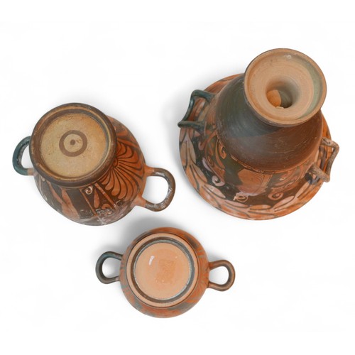 268 - Three Attic style red figure terracotta vases, comprising a bell krater vase, 22 by 19.5cm high over... 