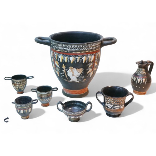 266 - Seven pieces of Attic style terracotta pottery, all with Kerch style decoration, including a bell kr... 