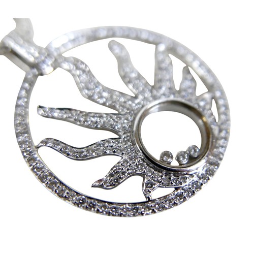 14 - An 18ct white gold diamond sunburst design pendant, encrusted with diamonds with three loose stones ... 
