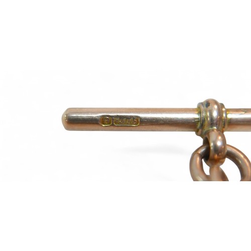 13 - A 9ct gold fob chain with T-bar, 30cm long, 28.2g.