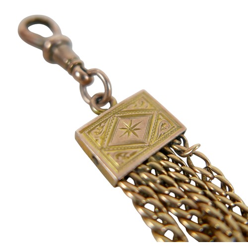 44 - A yellow metal fob chain, fitted with a yellow quartz  swivel fob, multi strand chain with engraved ... 
