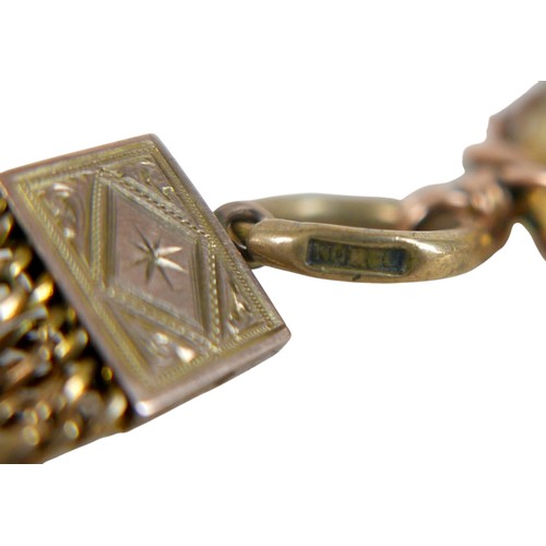 44 - A yellow metal fob chain, fitted with a yellow quartz  swivel fob, multi strand chain with engraved ... 