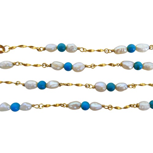 33 - An 18ct gold, pearl and turquoise necklace, 7g, plus pair of pearl stud earring pendant drops on goo... 