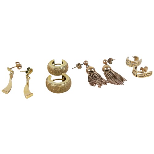 57 - Four pairs of gold earrings, comprising 9ct drop earrings with chain pendant fringe, 4.1g, 9ct gold ... 