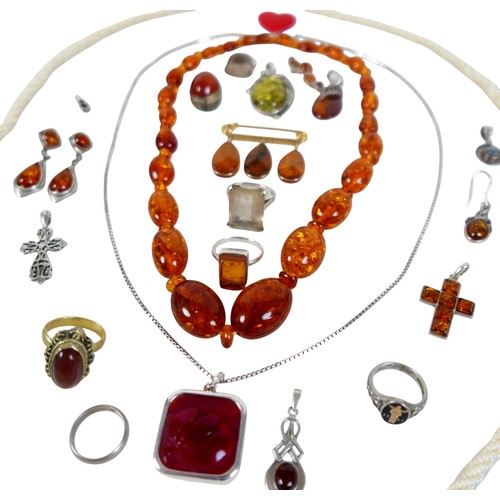 19 - A collection of assorted jewellery, including amber style and silver mounted jewellery, two Rado wri... 