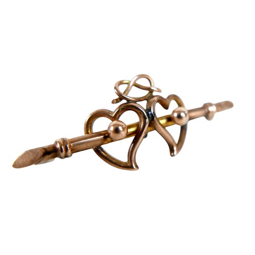 23 - A 9ct yellow gold twined heart brooch with metal pins, 40mm wide, 3.5g.