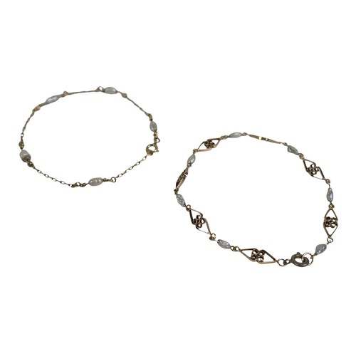 41 - A pearl necklace with silver gilt clasp, three pearl bracelets (one with unmarked gold metal links),... 