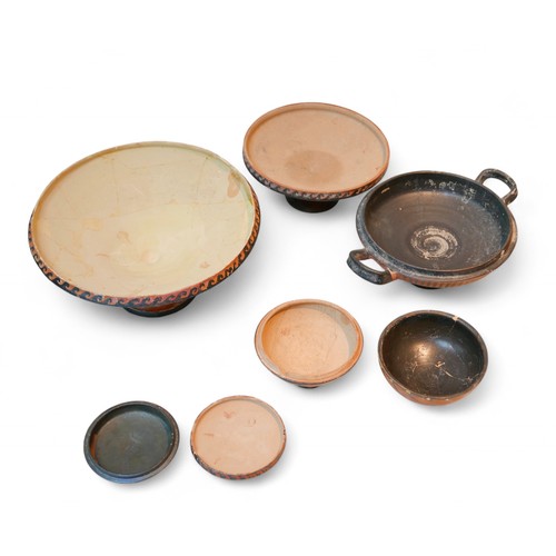 270A - A collection of four 4th century BCE Attic style Lekanides and pyxides pottery, the Lekanis 25 by 18... 