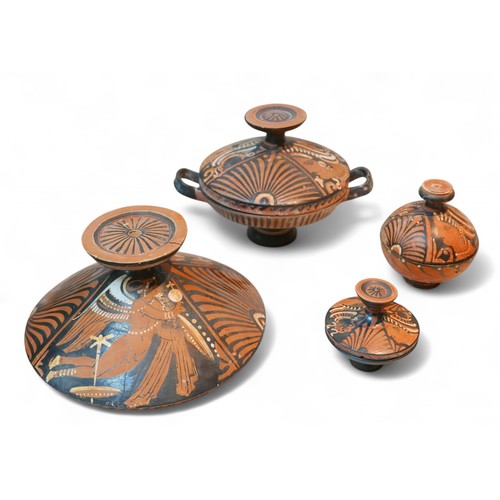 270A - A collection of four 4th century BCE Attic style Lekanides and pyxides pottery, the Lekanis 25 by 18... 