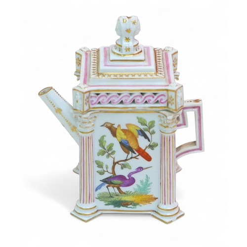 A Meissen style miniature rectangular teapot, hand painted birds and ...