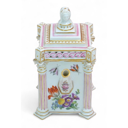 A Meissen style miniature rectangular teapot, hand painted birds and ...