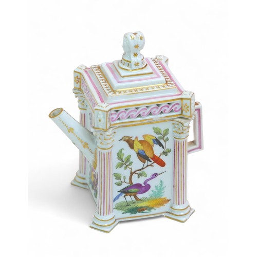 A Meissen style miniature rectangular teapot, hand painted birds and ...