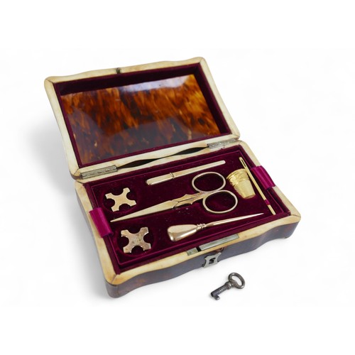 231 - A Dutch 19th century tortoiseshell etui with 14k gold sewing implements, the red velvet lined interi...
